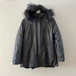 Dana Stein Black Reversible Rabbit Fur Puffer Coat Jacket Women’s Size Medium